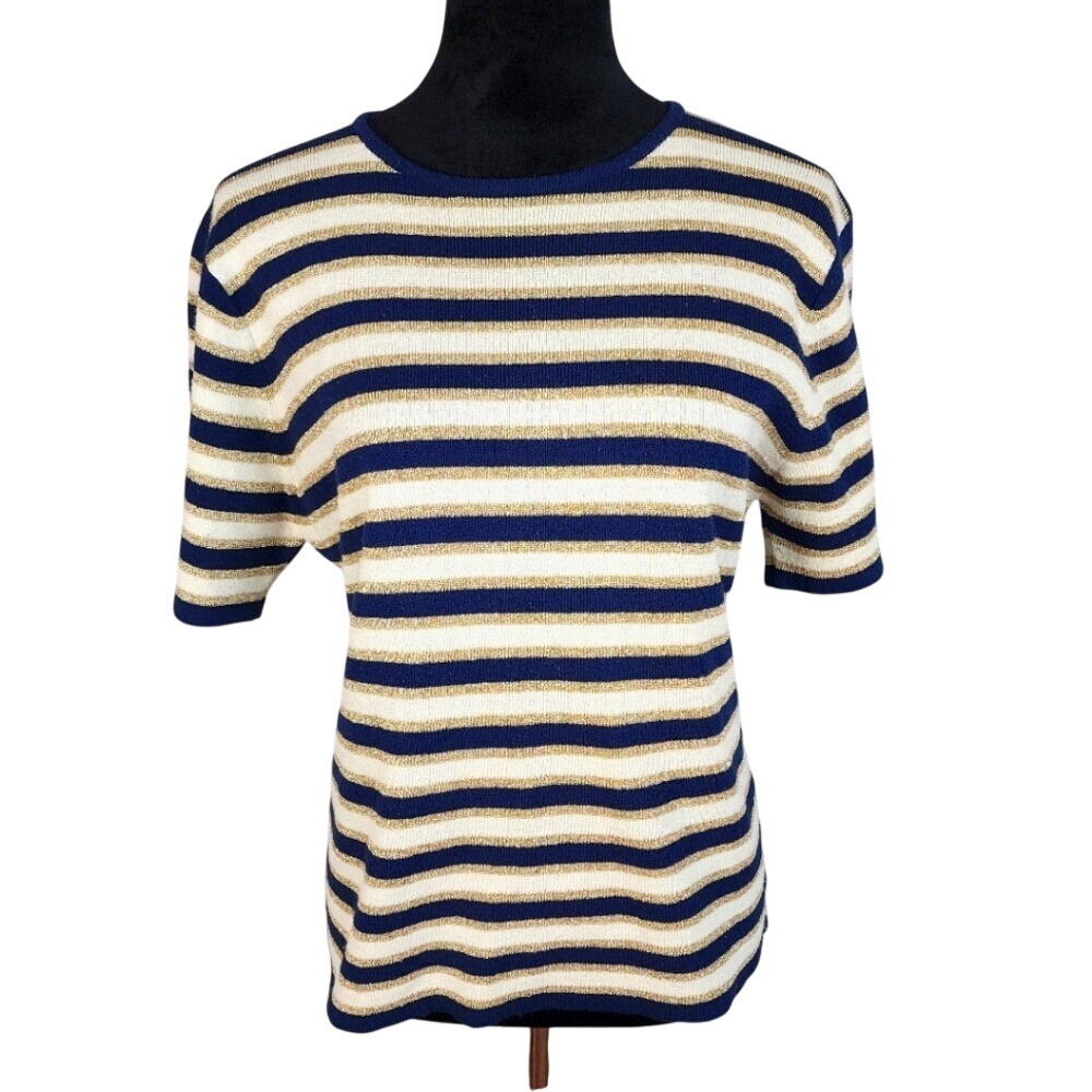 Vtg PATCHINGTON Size Medium Gold & Navy Striped Short Sleeve Crew Neck Sweater